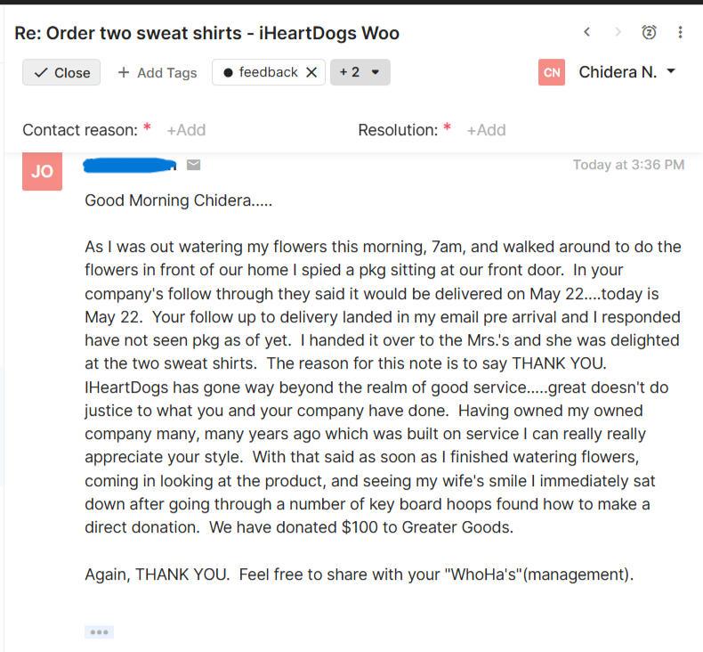 Customer's heartfelt feedback