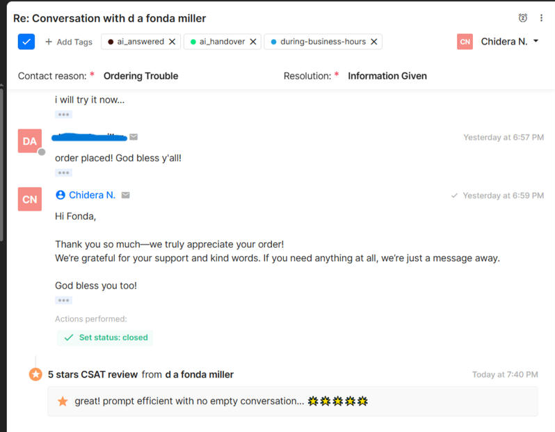 Resolved an ordering trouble via Livechat on Gorgias